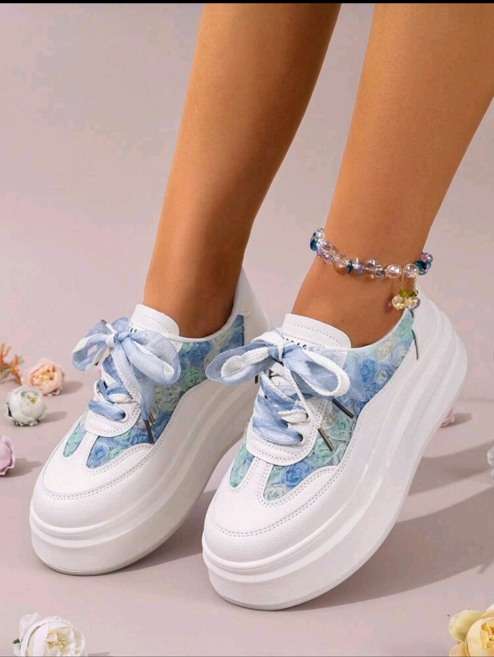 White Platform Sneakers with Blue Floral Accents